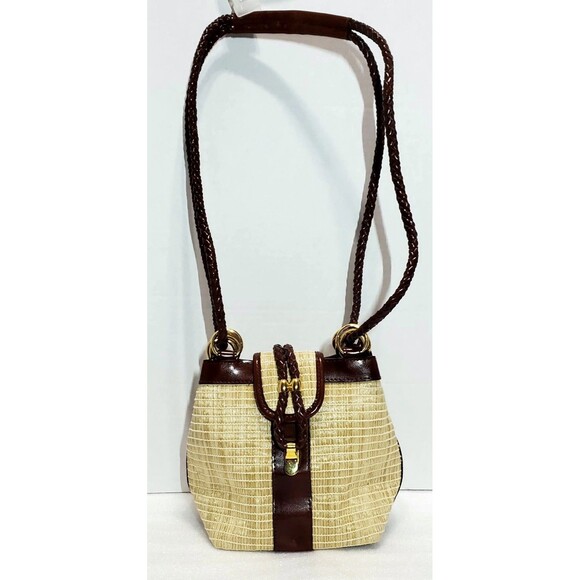 Vintage Kaela Straw Purse Brown Leather Trim Shoulder Bag Unique Closure - Picture 1 of 15